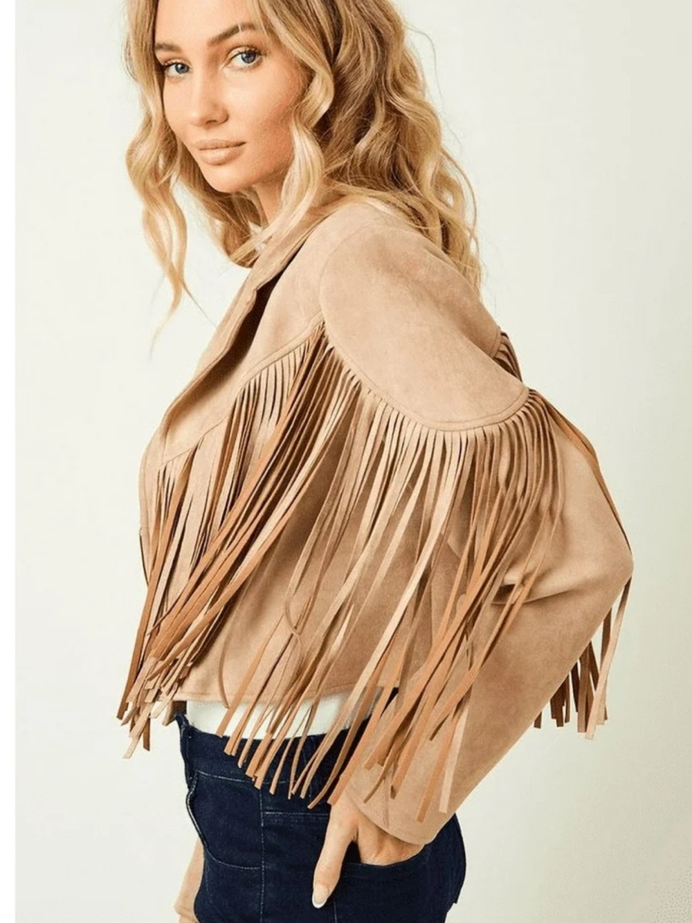 Fringe Faux Suede Moto Jacket - Taupe- Western Festival Motorcycle Crop Size S/M